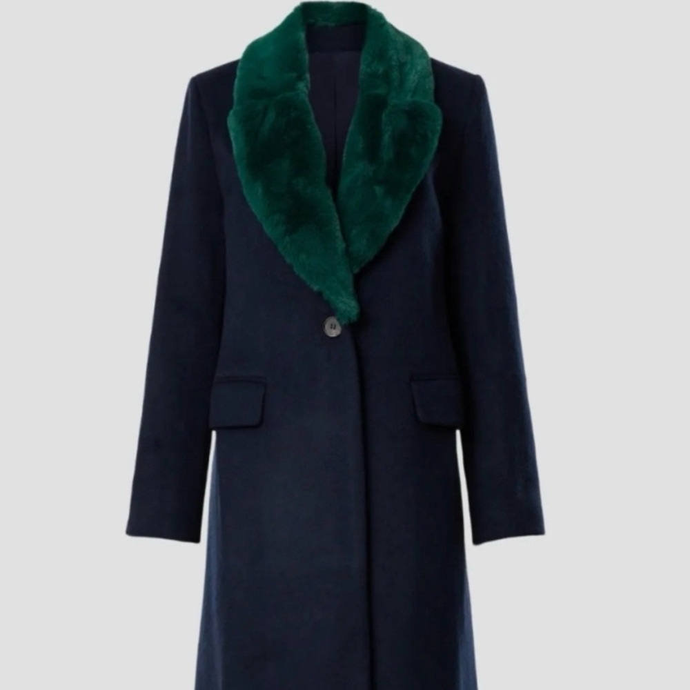 Marina Moscone Women's Navy Trench Coat with Green Faux Fur Collar